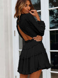 Layered Ruffled Open Back Puff Sleeve Swiss Dot Mini Dress
