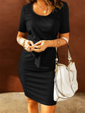 Tie Front Knit Bodycon Midi Dress Short Sleeve