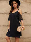 V Neck Lace Splicing Cold Shoulder Mini Dress
