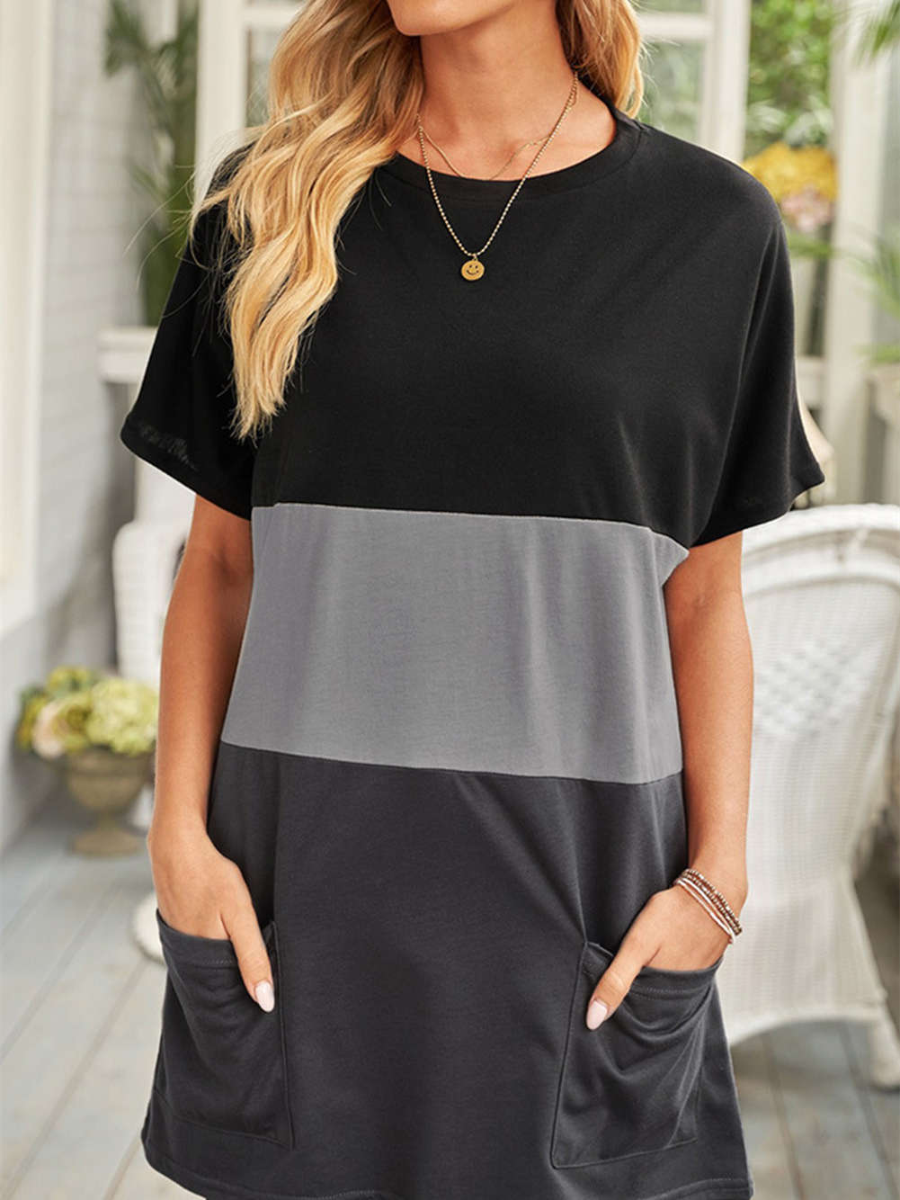 Triple Colorblock Splicing Short Sleeve T-shirt Mini Dress with Pockets