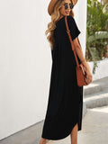 Loose Fit Cotton Blend V Neck Casual Maxi Dress with Slits