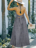 Pocketed Printed Halter Backless Maxi Dress