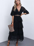 Swiss Dot Print See-through Lace Patch Layered Long Midi Dress