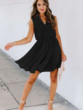 Split Neck Pom Pom Textured Flowy Mini Dress