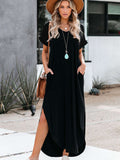 Loose Fit Cotton Blend V Neck Casual Maxi Dress with Slits