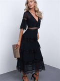 Swiss Dot Print See-through Lace Patch Layered Long Midi Dress