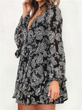 V Neck Baggy Sleeve Waist Tie Double Layer Ruffle Hem Floral Print Short Dress