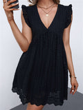 V Neck Ruffled Sleeves Perforating Babydoll Dress