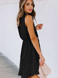 Split Neck Pom Pom Textured Flowy Mini Dress