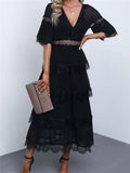 Swiss Dot Print See-through Lace Patch Layered Long Midi Dress