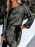 Sexy Loose Long Sleeve Sequin Mini Dress with Sash