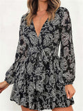 V Neck Baggy Sleeve Waist Tie Double Layer Ruffle Hem Floral Print Short Dress