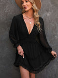 Layered Ruffled Open Back Puff Sleeve Swiss Dot Mini Dress