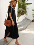 Loose Fit Cotton Blend V Neck Casual Maxi Dress with Slits