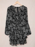 V Neck Baggy Sleeve Waist Tie Double Layer Ruffle Hem Floral Print Short Dress