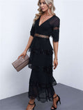 Swiss Dot Print See-through Lace Patch Layered Long Midi Dress