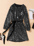 Sexy Loose Long Sleeve Sequin Mini Dress with Sash