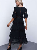 Swiss Dot Print See-through Lace Patch Layered Long Midi Dress