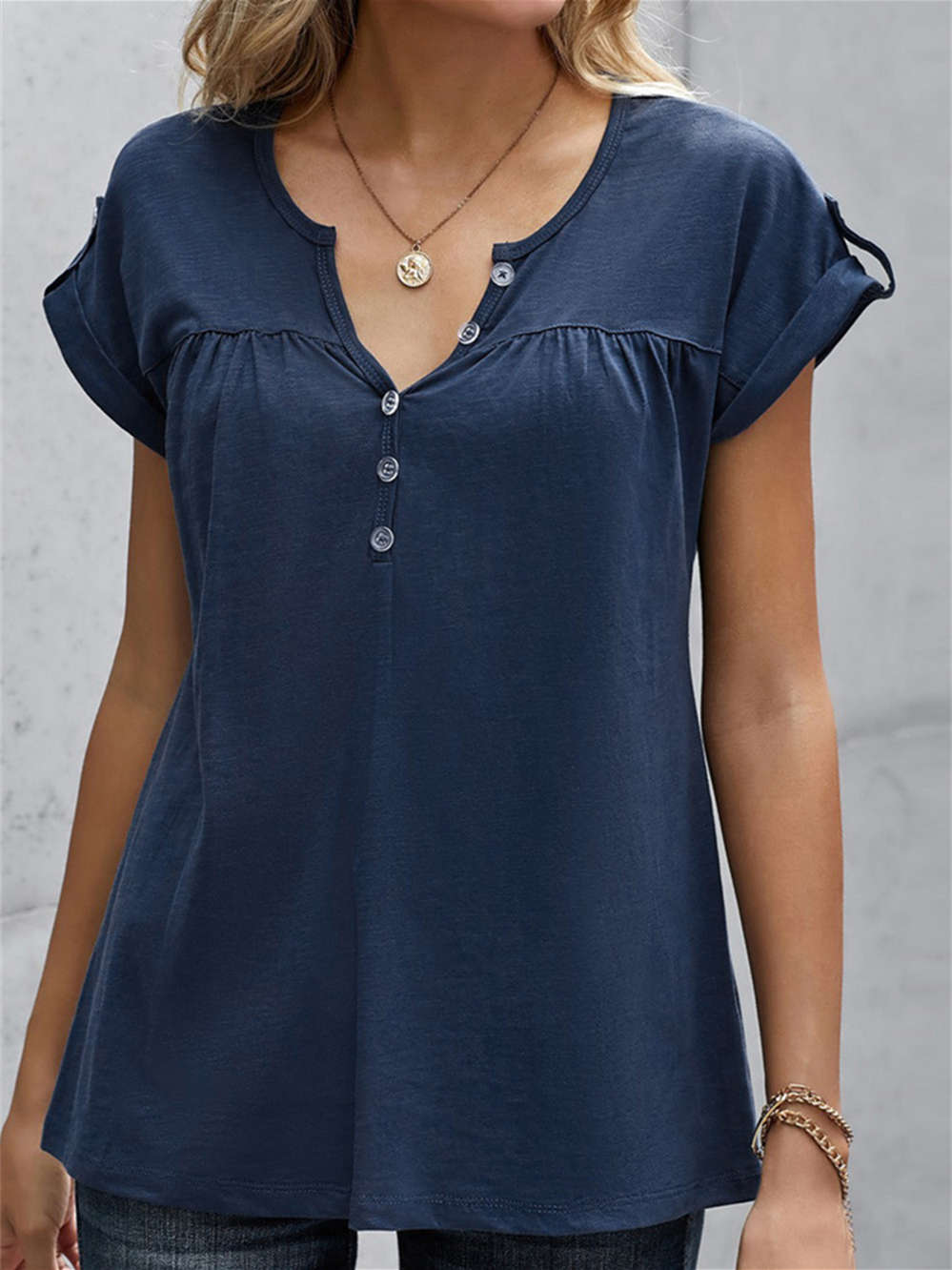 Buttoned Detail Cotton Blend Short Sleeve T-shirt