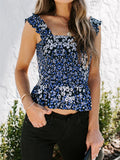 Sexy Ruffles Floral Smock Tank Top Sleeveless