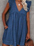 V Neck Ruffled Sleeves Perforating Babydoll Dress