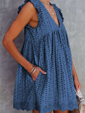 V Neck Ruffled Sleeves Perforating Babydoll Dress