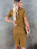 Tie Front Knit Bodycon Midi Dress Short Sleeve