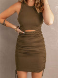 Ribbed Drawstring Ruched Mini Dress with Slit