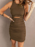 Ribbed Drawstring Ruched Mini Dress with Slit