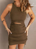 Ribbed Drawstring Ruched Mini Dress with Slit