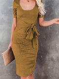 Tie Front Knit Bodycon Midi Dress Short Sleeve