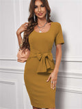 Tie Front Knit Bodycon Midi Dress Short Sleeve