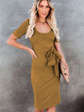 Tie Front Knit Bodycon Midi Dress Short Sleeve