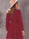 Deep V Neck Lantern Sleeve Knotted Tiered Mini Dress