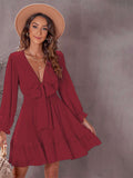 Deep V Neck Lantern Sleeve Knotted Tiered Mini Dress