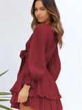 Deep V Neck Lantern Sleeve Knotted Tiered Mini Dress