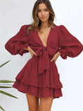 Deep V Neck Lantern Sleeve Knotted Tiered Mini Dress