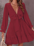 Deep V Neck Lantern Sleeve Knotted Tiered Mini Dress