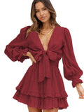 Deep V Neck Lantern Sleeve Knotted Tiered Mini Dress