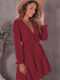 Deep V Neck Lantern Sleeve Knotted Tiered Mini Dress