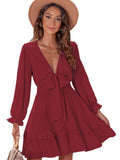 Deep V Neck Lantern Sleeve Knotted Tiered Mini Dress