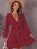 Deep V Neck Lantern Sleeve Knotted Tiered Mini Dress