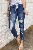 Drawstring Elastic Waist Hole Ripped Jeans