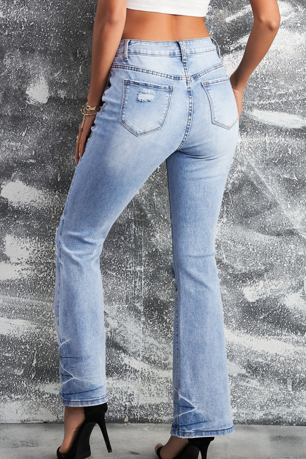 Distressed Mid Waist Ripped Flare Jeans