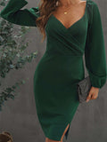 Wrapped Bodice Bubble Sleeve Bodycon Mini Dress with Slit
