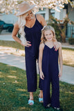 Dark Blue Spaghetti Straps Wide Leg Pocketed Jumpsuits