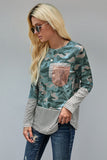 Stripe Pocket Sequins Splicing Long Sleeve O-neck Top