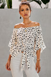 Polka Dot 3/4 Bell Sleeve Off Shoulder Front Tie Knot Top