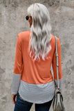Stripe Pocket Sequins Splicing Long Sleeve O-neck Top