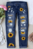 Blue Sunflower Leopard Pattern Patchwork Distressed Jeans